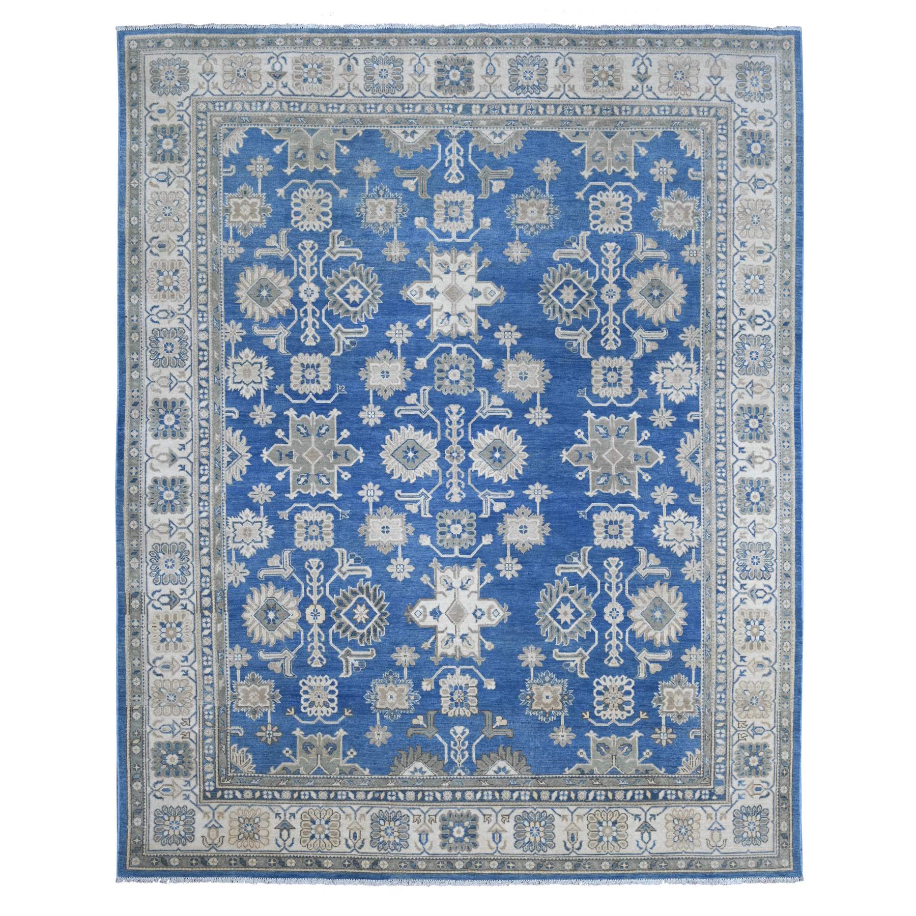 8'9"x11'2" Bayern Blue, Vintage Look Kazak with All Over Design, 100% Wool, Hand Knotted, Natural Dyes, Oriental Rug 